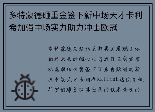 多特蒙德砸重金签下新中场天才卡利希加强中场实力助力冲击欧冠