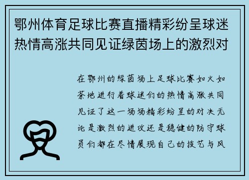 鄂州体育足球比赛直播精彩纷呈球迷热情高涨共同见证绿茵场上的激烈对决